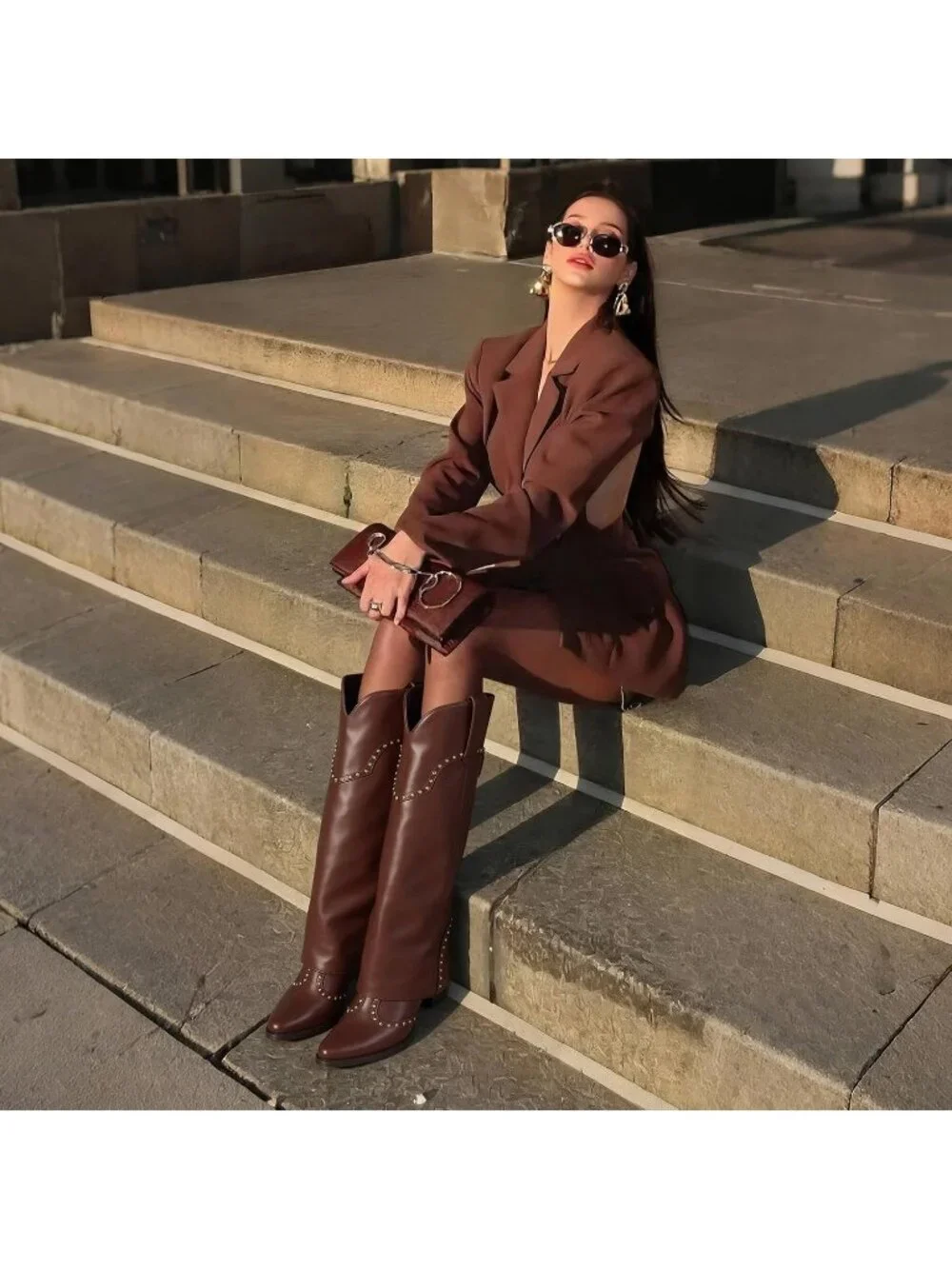 Women's Brown Polyurethane (PU) Studded Fold Over Knee High Chunky Heel Boot